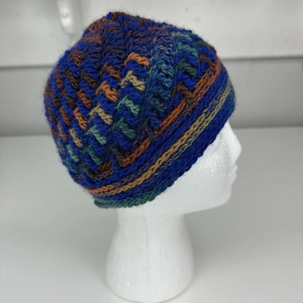 Created by Cyd Hand Crochet‎ Wool Beanie Hat Blue Green Boho Winter Knit Cap NEW